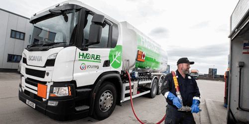 man filling up green and white hvo fuel tank