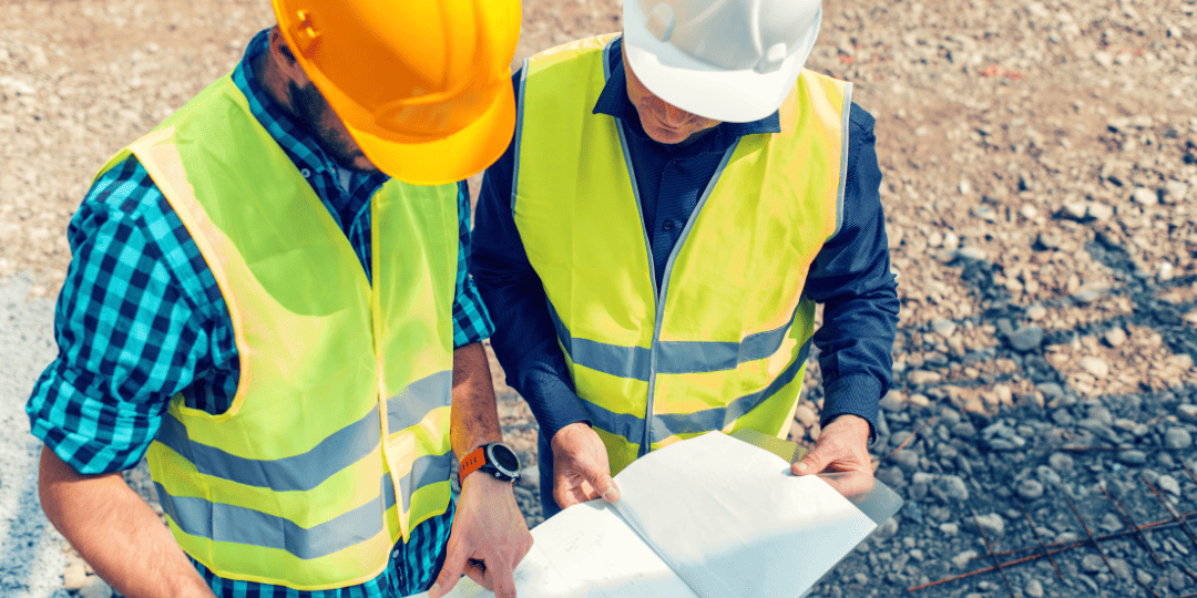 Two Men in Hard Hats Looking at Paper